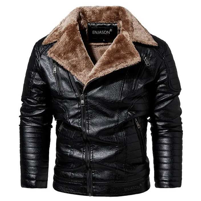 Male Outerwear Bomber Leather Jacket High-end Mens Fleece Warm Motorcycle Suit Collar Jackets Moto Biker PU Baseball JacketsT251204