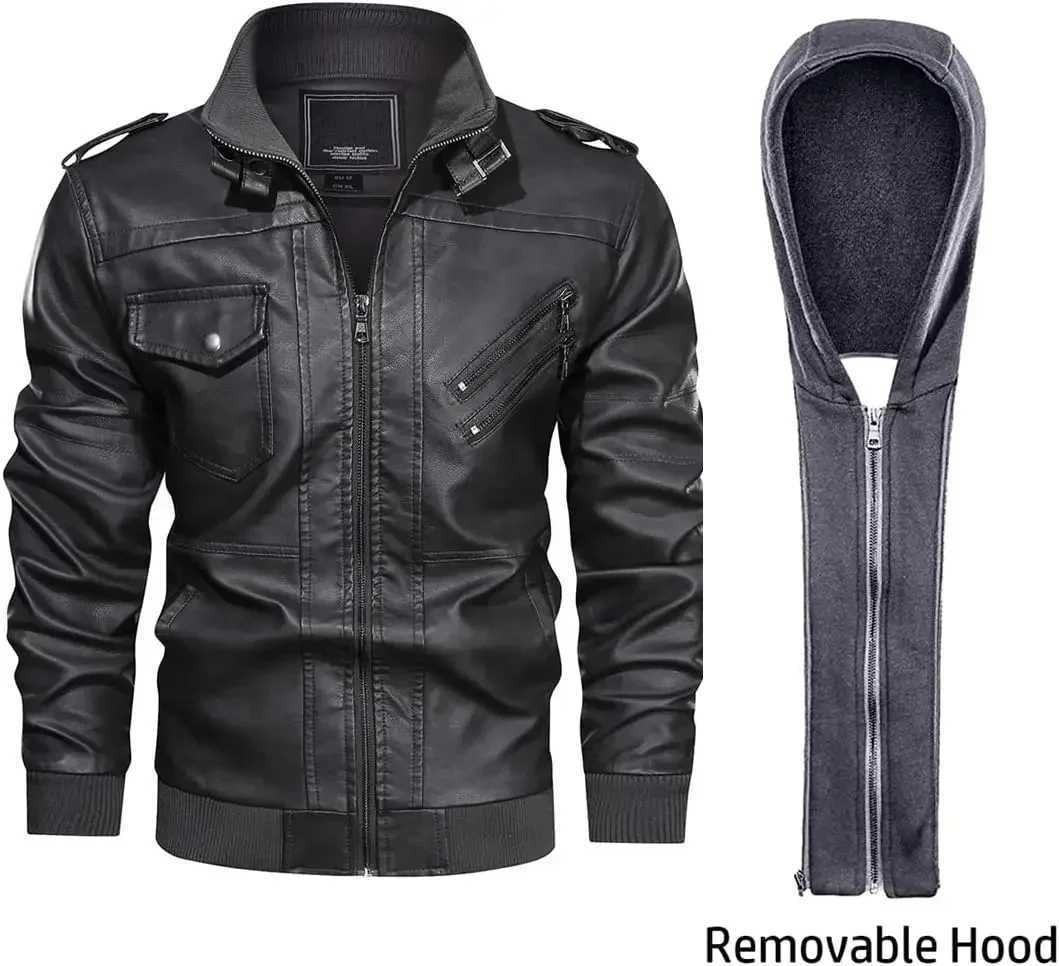Casual Jacket Removable Hood Men Winter Vintage Motorcycle Biker Leather Jacket Winter Pilot Leather Jackets Windproof Warm CoatT251204