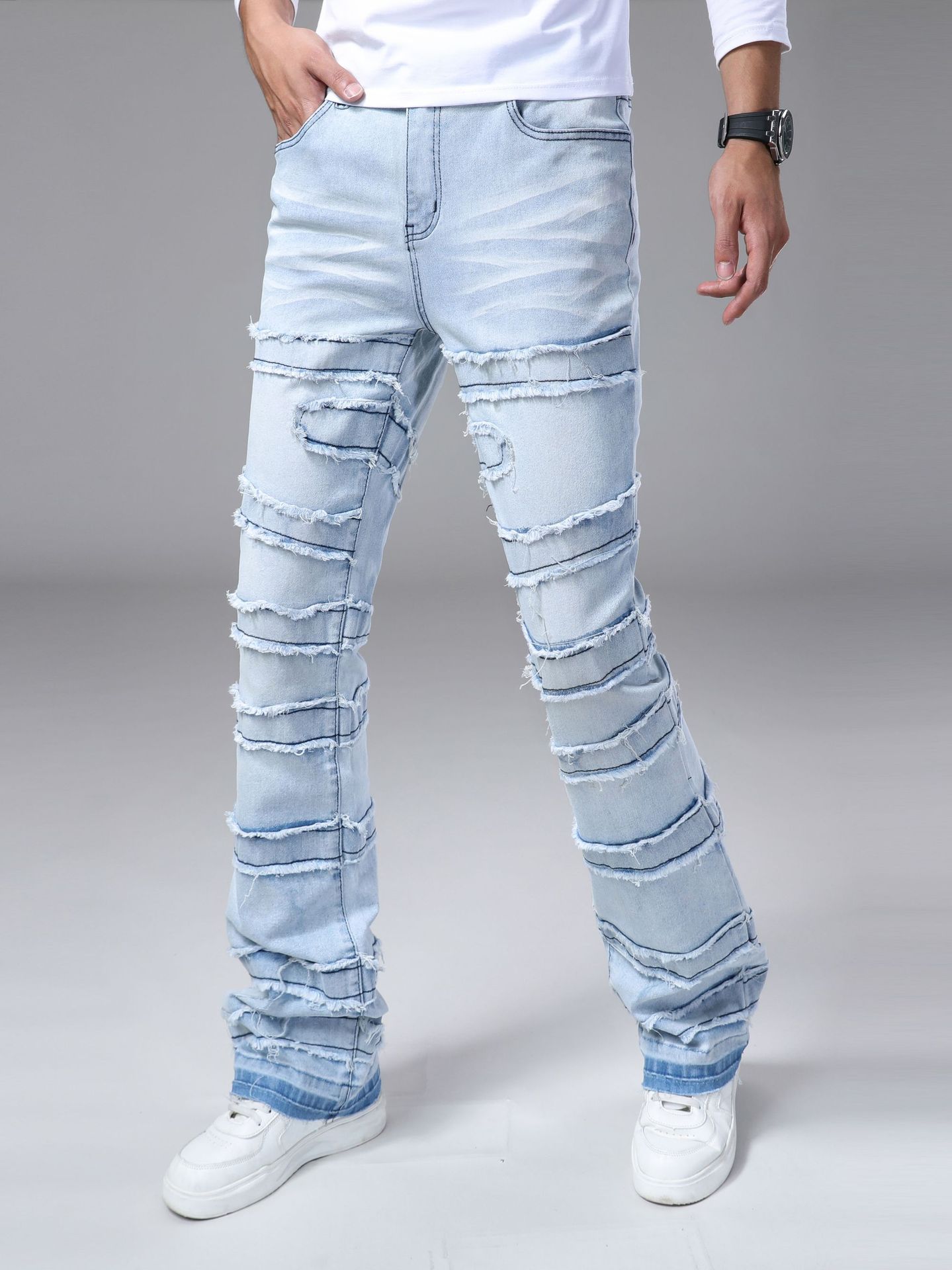 New cross-border men's straight-leg pants a popular stretch patchwork denim straight-leg pants in European and American street fashion on Instagr