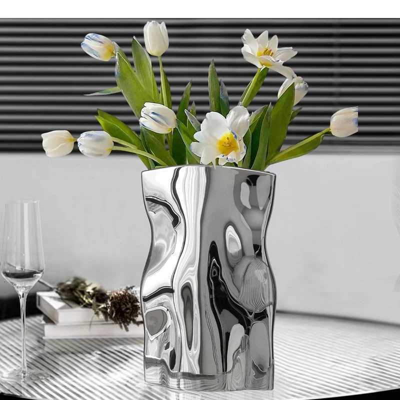 Silver Pleated Ceramic Vase Bag Shape Flower Pots Desk Decoration Artificial Flowers Decorative Floral Arrangement H251204