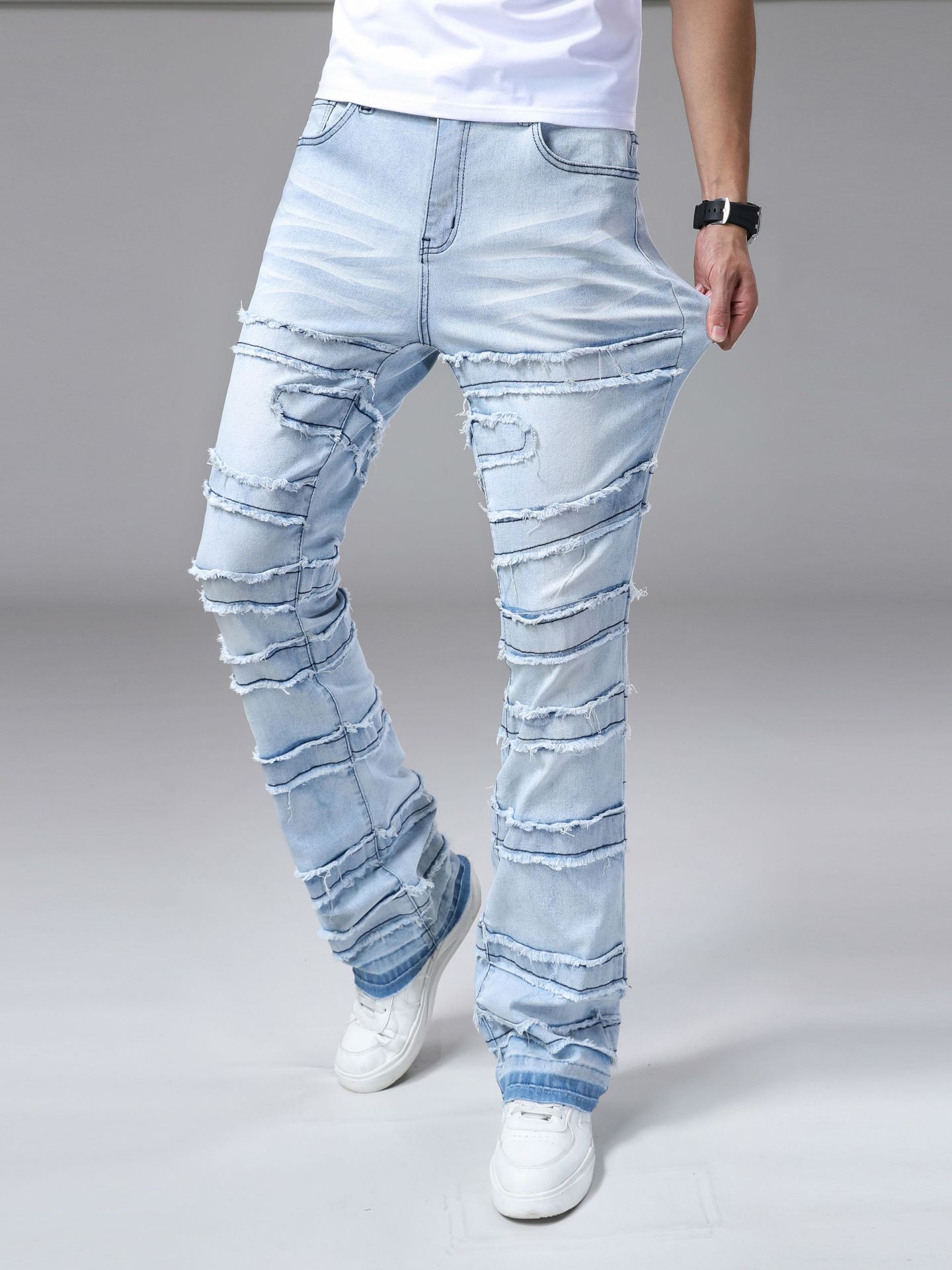 New cross-border men's straight-leg pants a popular stretch patchwork denim straight-leg pants in European and American street fashion on Instagr