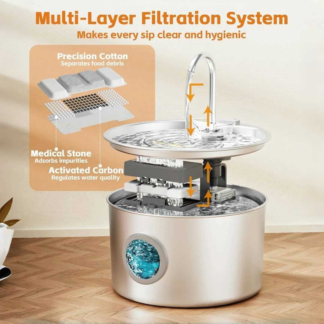 Stainless Steel Cat Water Fountain 108oz Pet Fountain Dispenser Automatic for Inside Dog Cats Drinking Replaceable filters M251204