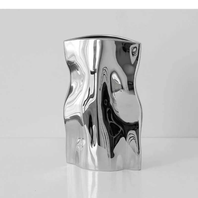 Silver Pleated Ceramic Vase Bag Shape Flower Pots Desk Decoration Artificial Flowers Decorative Floral Arrangement H251204