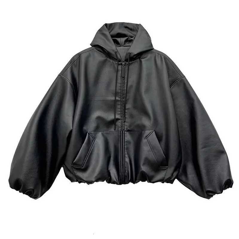 Luxury Mens Short Wide Hooded Leather Jacket Spring Autumn Loose Fit Casual Outerwear CoatT251204