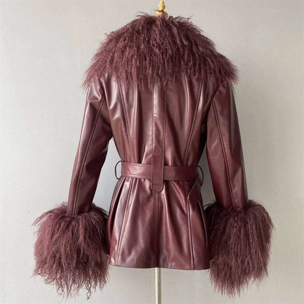 Jxwatcher Genuine Leather Jacket for Women Mongolian Fur Collar Cuffs Ladies Real Sheepskin Coat with Belt Spring Outerwear