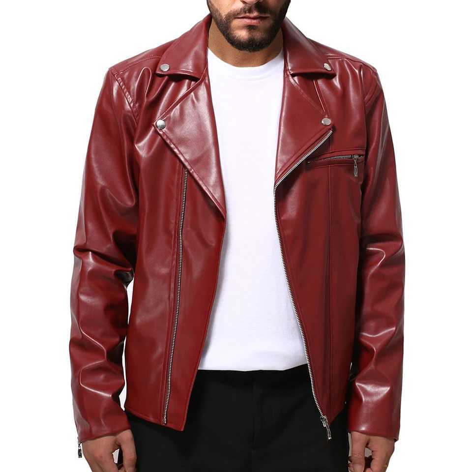 Mens PU Leather Slim Fit Motorcycle Jacket with Lapel Collar Zipper Long Sleeve Punk Outerwear for Casual OccasionsT251204