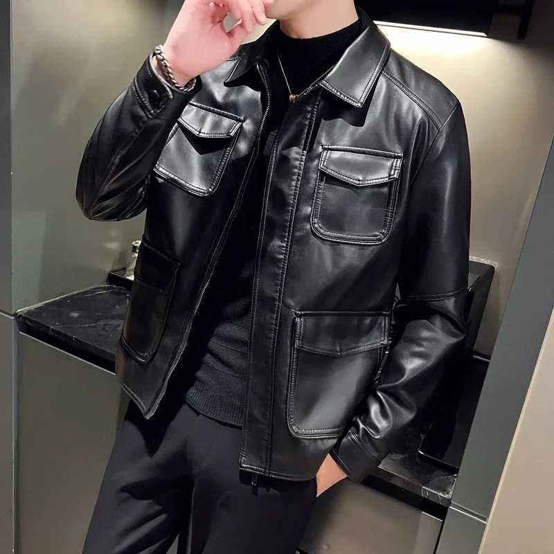 High Quality Clothing Fashion Trend Personalized Leather Mens Jacket New Mens Standing Collar PU Leather Jacket MenT251204