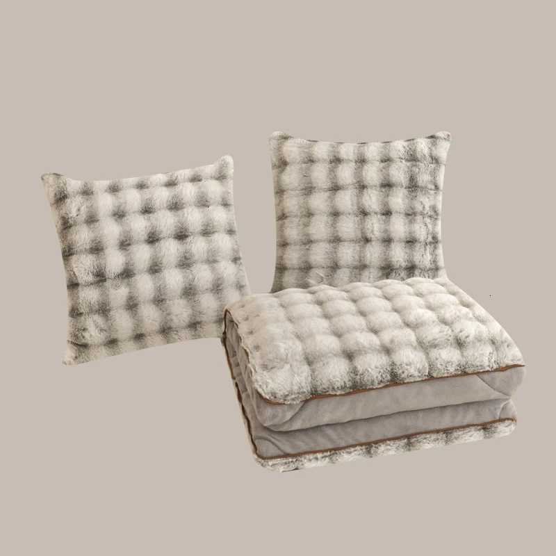 2 in 1 Blanket Thick Faux Rabbit Velvet Cushion Fluffy Sofa Throw Foldable Winter Warm Shaggy Quilt Travel Blanket Y251204