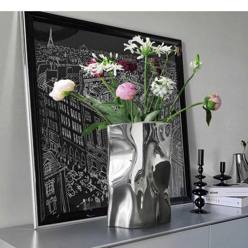 Silver Pleated Ceramic Vase Bag Shape Flower Pots Desk Decoration Artificial Flowers Decorative Floral Arrangement H251204