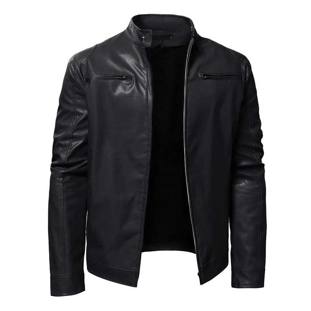 Autumn New Men Stand Collar Coat Black Leather Motorcycle Jacket Solid Color Zipper Streetwear Male Warm Biker JacketsT251204