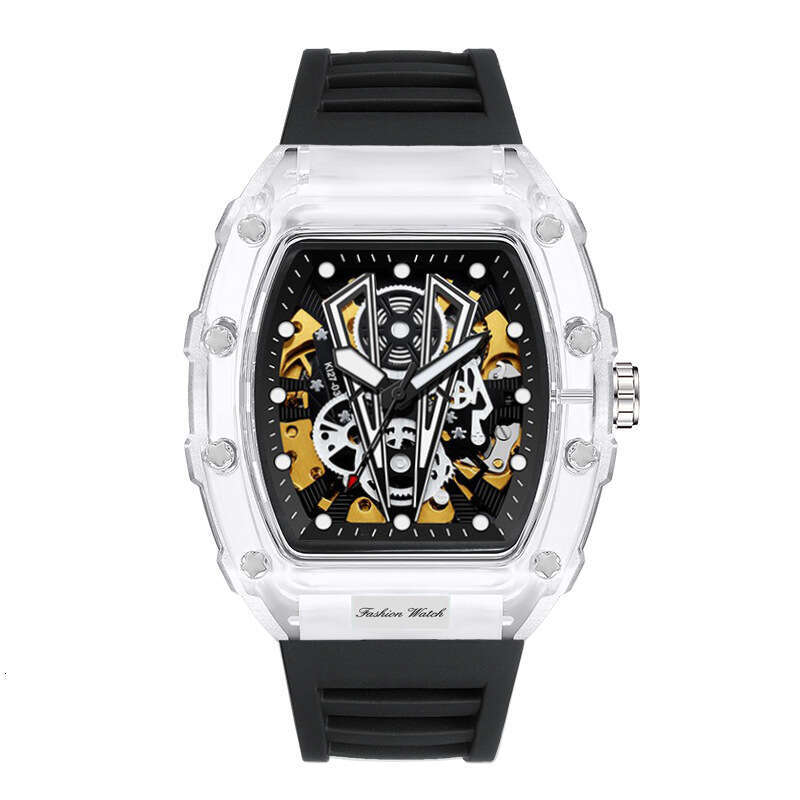 Fashion Barrel-Shaped Silicone Transparent Hollow Automatic Mechanical Watch for Men