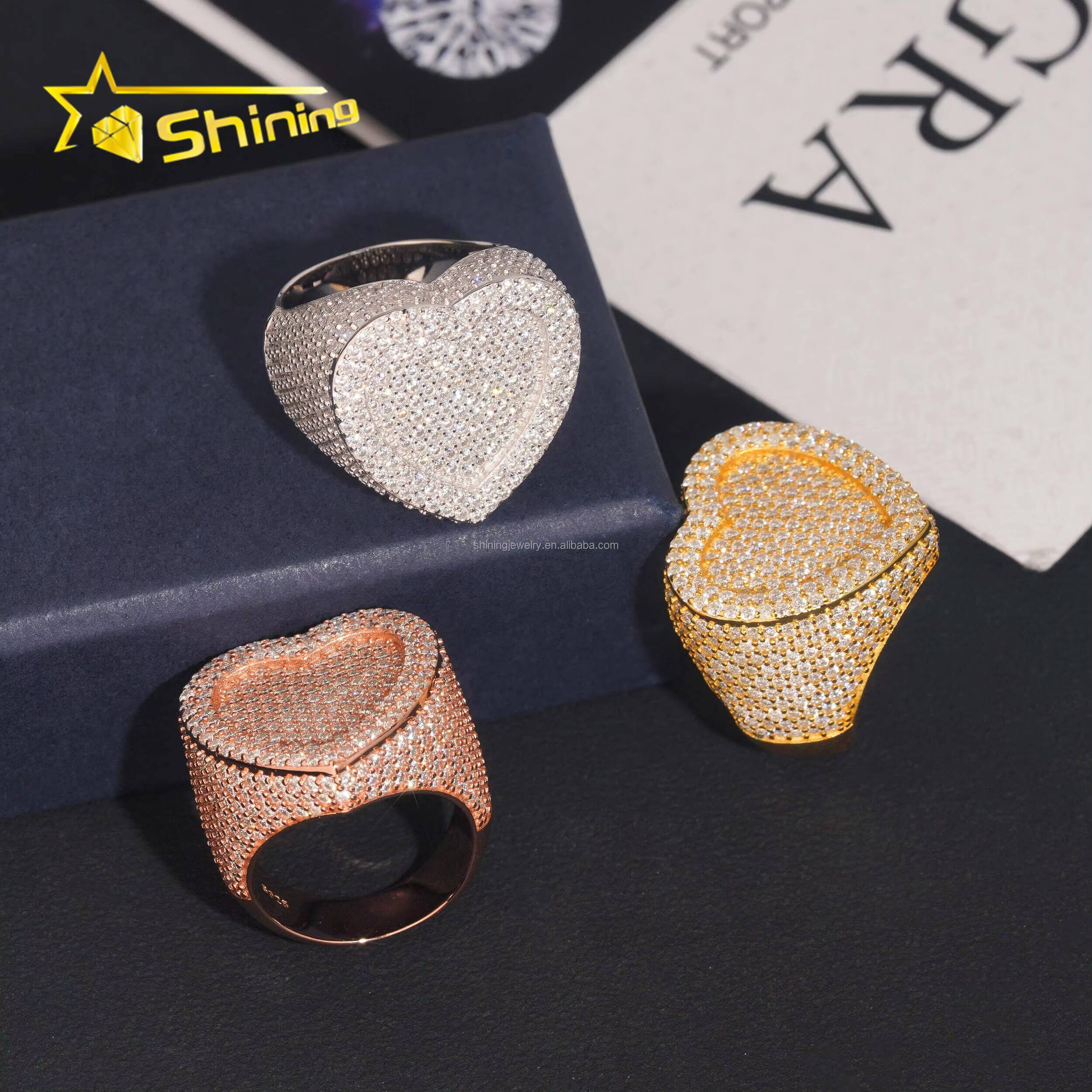 Bulk Stock Drop Shipping Hip Hop Fire Jewelry Man S925 Solid Silver Iced Out VVS1 Moissanite Diamond Heart Shape Ring Man Gift