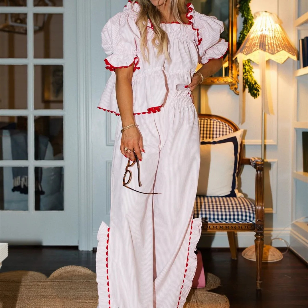Women Christmas Plaid Pajama Set Y2k Ruffle Hem Puff Sleeve doll Shirt Gingham Pants 2 Piece Pj Sleepwear Party Lounge Set 251201
