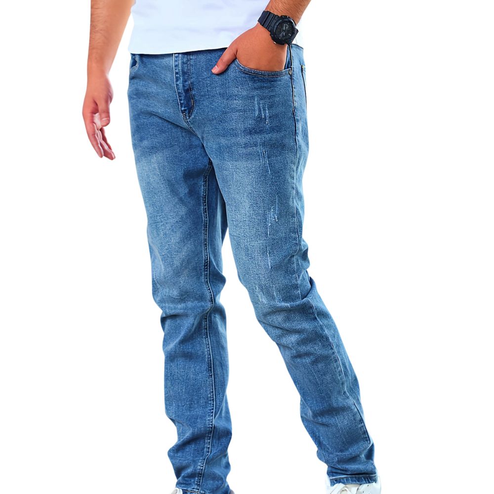 European and American cross-border men's fashion jeans are suitable for wearing all year round elastic simple multi-process and form-fitting blue