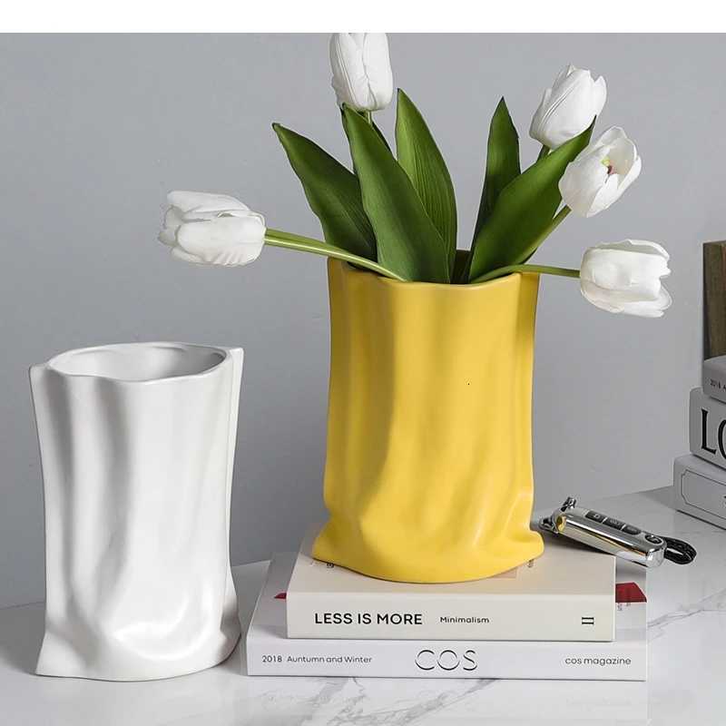 Ceramic Vase Fold Cloth Bag Flowerpot Silver Flower Arranger Floral Accessories Hydroponics He Decoration H251204