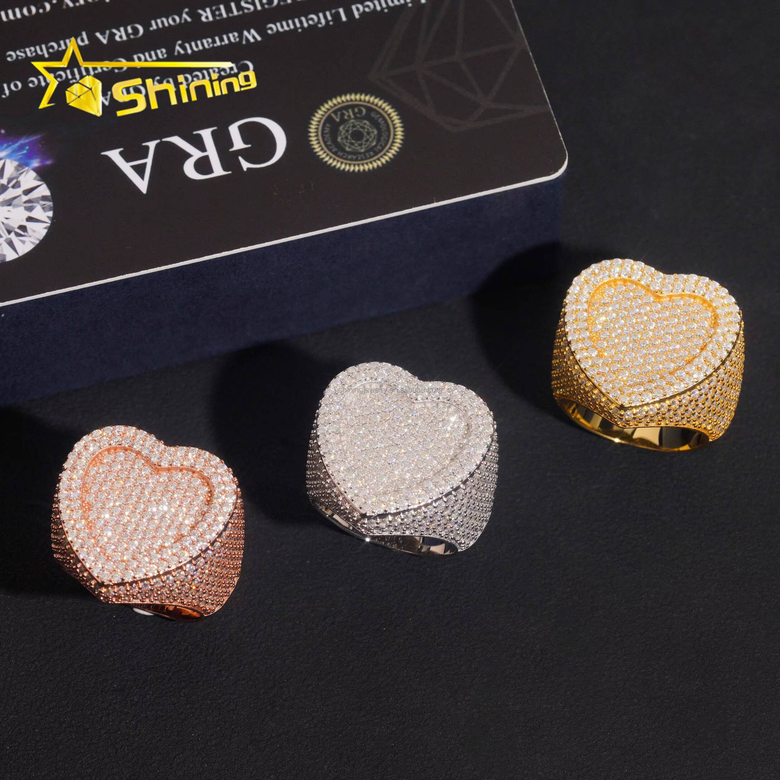 Bulk Stock Drop Shipping Hip Hop Fire Jewelry Man S925 Solid Silver Iced Out VVS1 Moissanite Diamond Heart Shape Ring Man Gift
