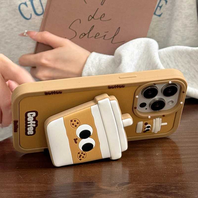 Funny 3D Coffee Cup Folding Holder Stand Case For iPhone 16 Pro Max 17 15 14 13 12 11 Soft Silicone Bracket Back Cover H251203