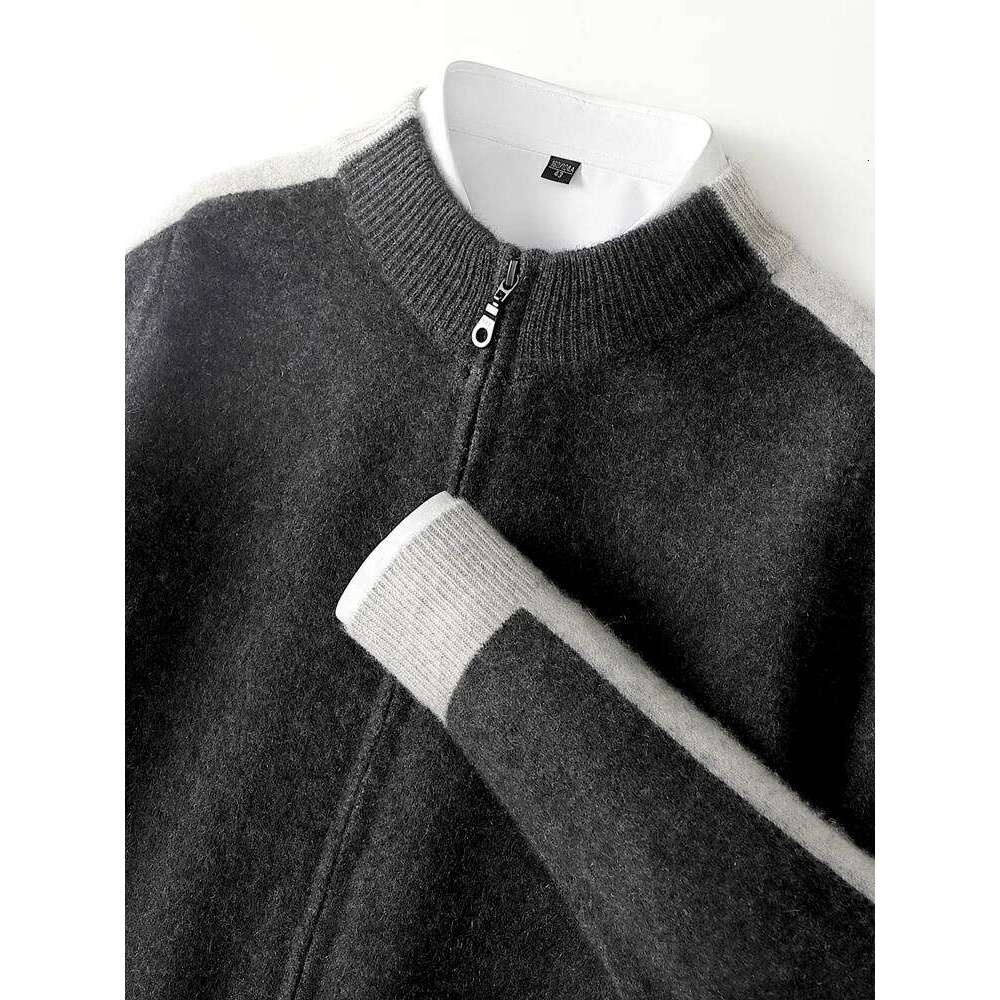 Chic Autumn Winter 100% Merino Wool Knitted Sweater Warm Jacquard Zipper Cardigan Coat Men's Thick Mock Neck Casual New Tops Mdng2510