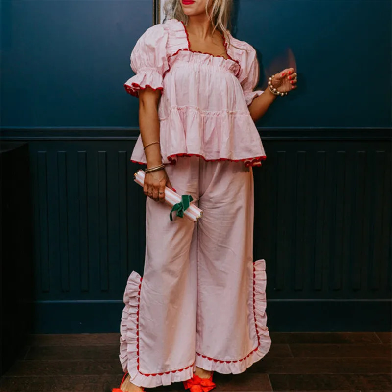 Women Christmas Plaid Pajama Set Y2k Ruffle Hem Puff Sleeve doll Shirt Gingham Pants 2 Piece Pj Sleepwear Party Lounge Set 251201