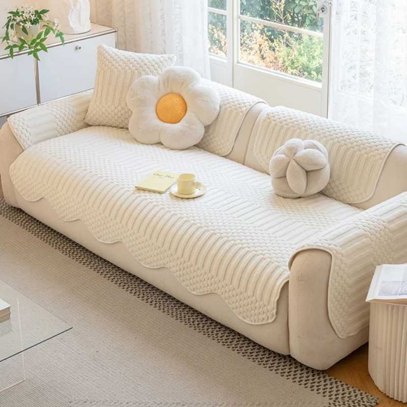 Cream Thicken Tuffed Fleece Sofa Cover for Cozy Winter Warmth Living Room Furniture Decor Couch Cushion Slipcovers Sofa Towel M251204 - view 7