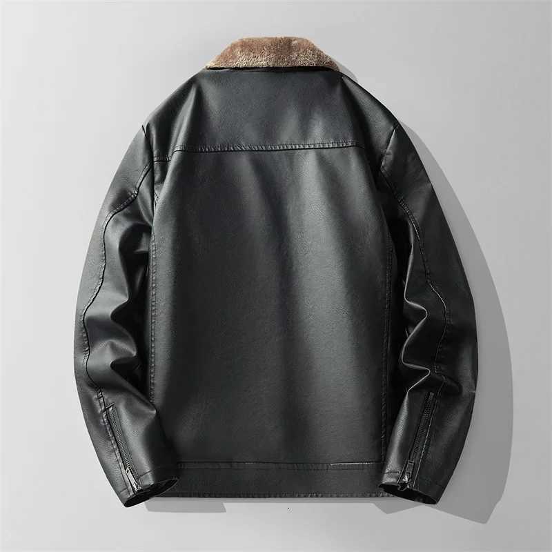 High Quality Classical Mens Winter Autumn Fur Collar PU Leather Jacket Mens PU Leather Vintage Jackets Fleece Multi-pocket MaleT251204