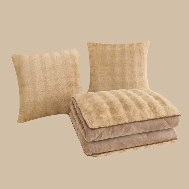 2 in 1 Blanket Thick Faux Rabbit Velvet Cushion Fluffy Sofa Throw Foldable Winter Warm Shaggy Quilt Travel Blanket Y251204
