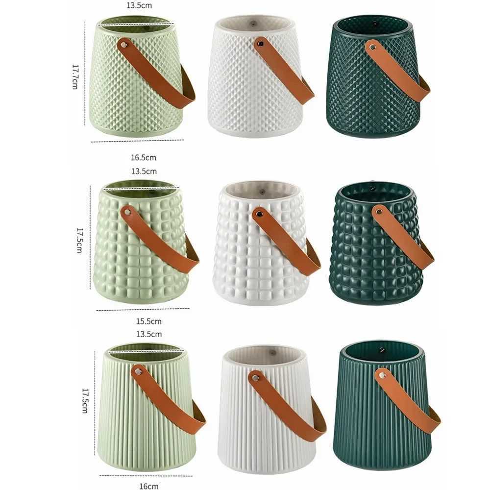 Leather Handle Flower Vase Fashion Anti Fall Plastic Flower Arrangement Nordic Style Modern Flower Pot Living Ro H251204