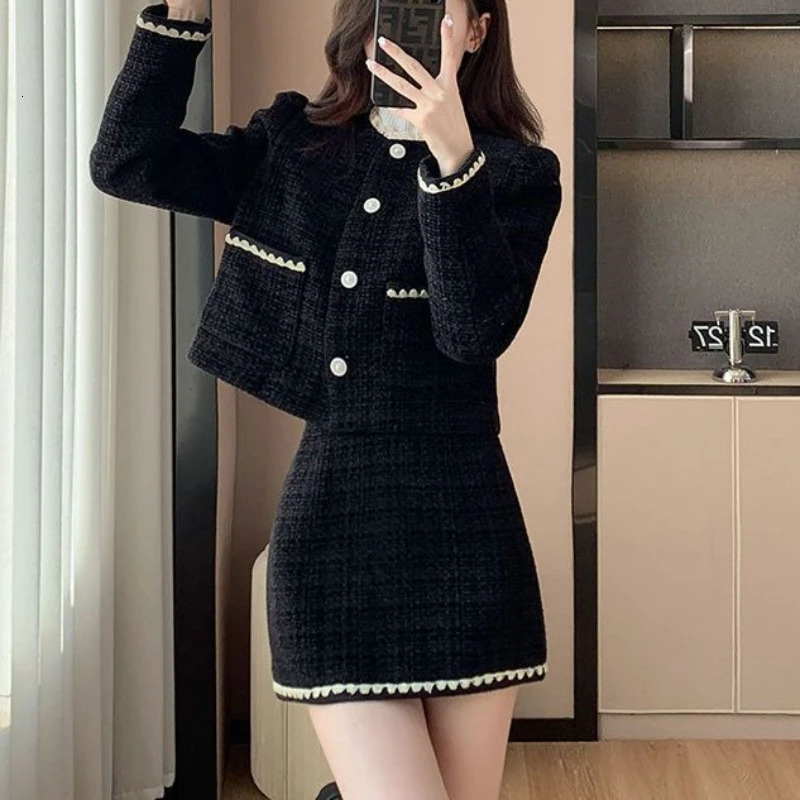 Winter Womens Two Pieces Set Tweed Suit Set with Blazer and Skirt Button Chic Korean Fashion Casual Events Woman Clothes 251203