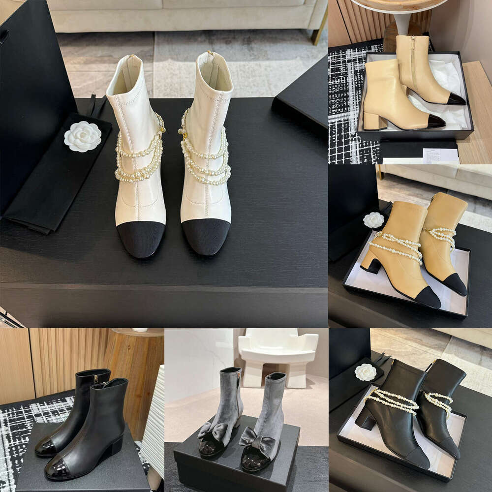 Cap Toe Pearl Chain Strap Two Tone Sheepskin Leather Chunky Heels Side Zipper Comfortable half Mid-Calf booties designer shoe Woman fashion boots luxury Ankle Boots