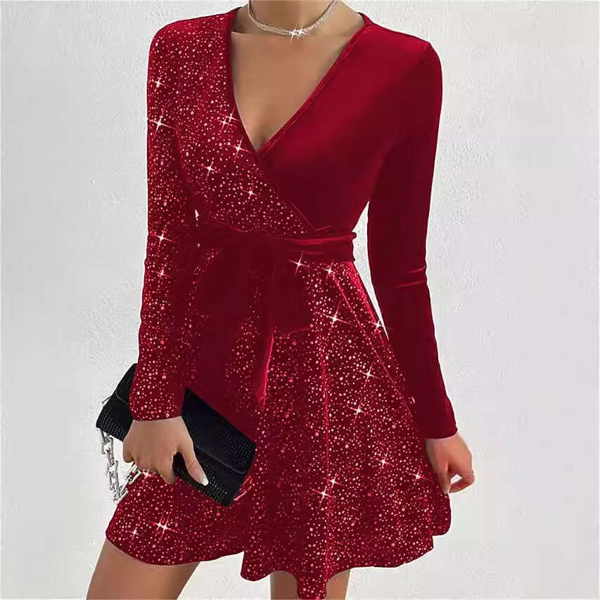 Dress for Women Designer Luxury Spring 2026 Autumn Winter Sexy V-Neck Bodycon Irregular Short Sequin Dress - view 6