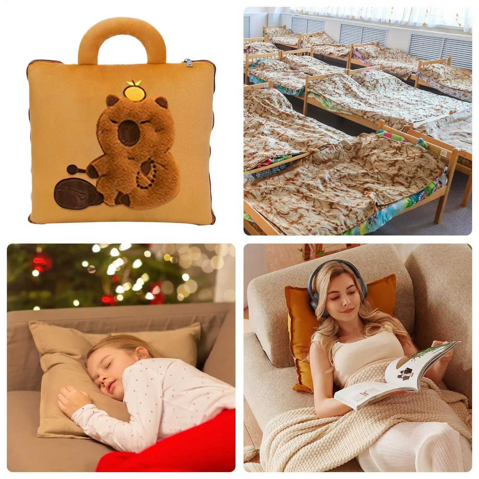 Blanket 2 In 1 Capybara Blanket For Airplane Travel Sleeping Mat Back Cushion Compact For Kids Adults Office Daycare Dorm Y251204