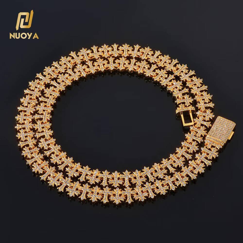 NUOYA Luxury 11MM Iced Out Diamond Link Chain Gold Plated Cross Bling Zircon Necklace Hip Hop Fine Jewelry