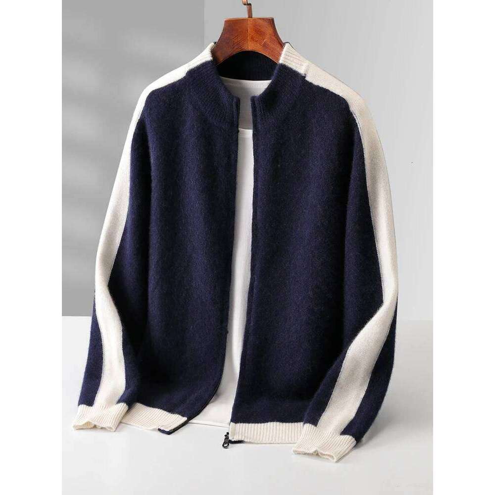 Chic Autumn Winter 100% Merino Wool Knitted Sweater Warm Jacquard Zipper Cardigan Coat Men's Thick Mock Neck Casual New Tops Mdng2510