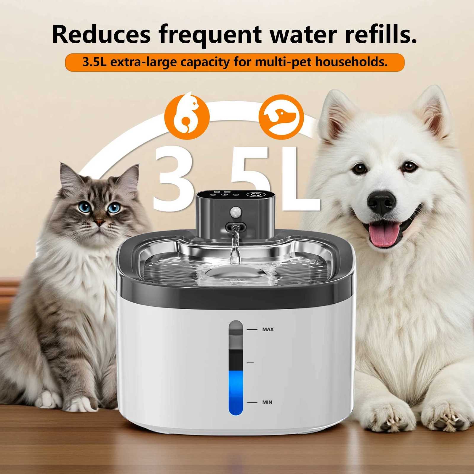 Wireless Cat Water Fountain 35L 304 Stainless Steel Smart Sensor Pet Water Dispenser 4000mAh Battery Silent Auto cats Dispenser M251204