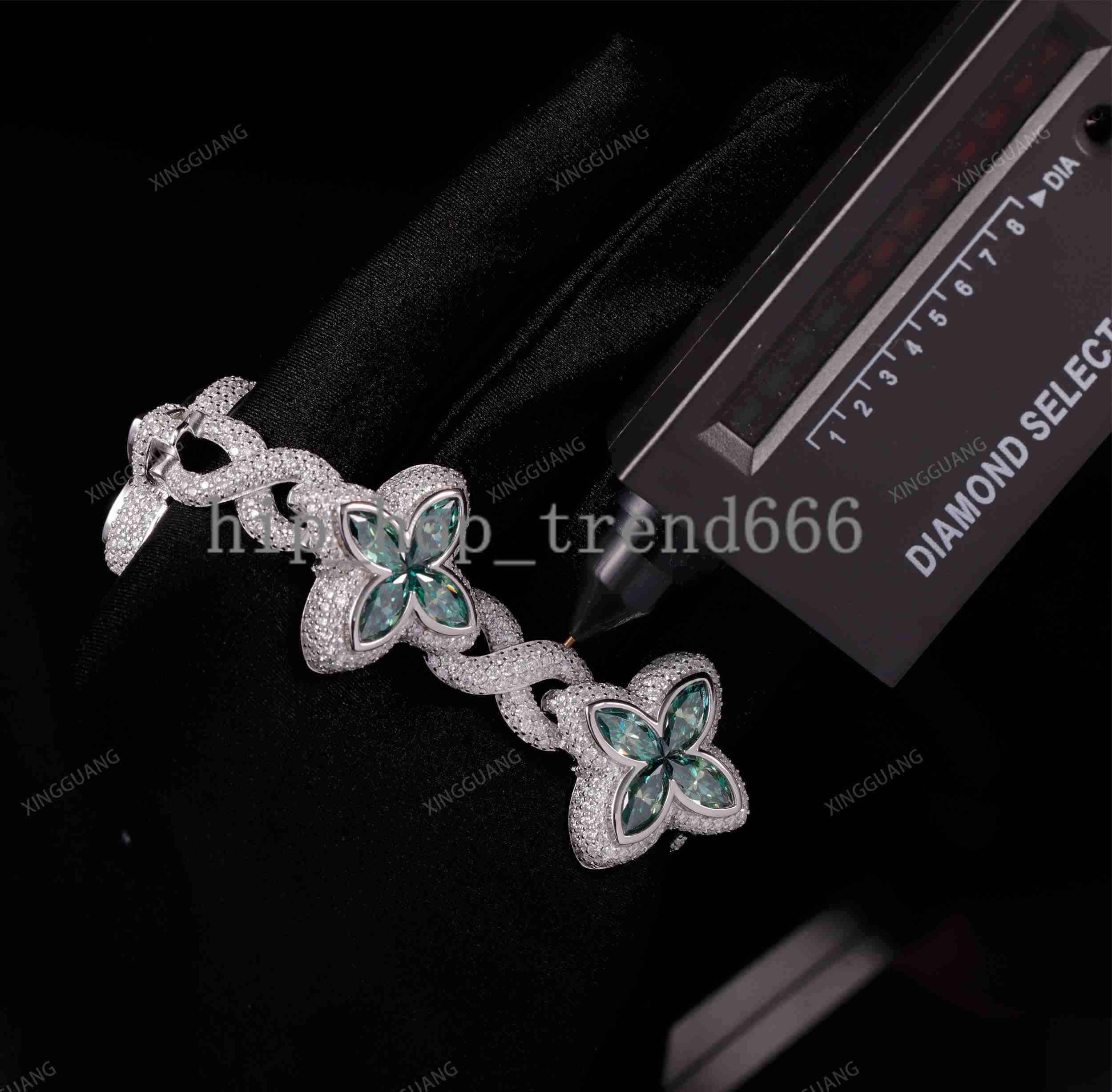 New Arrival Clover Design Vvs White Green Moissanite Diamond S925 Silver Gold Plated Cuban Link Bracelet Men Women