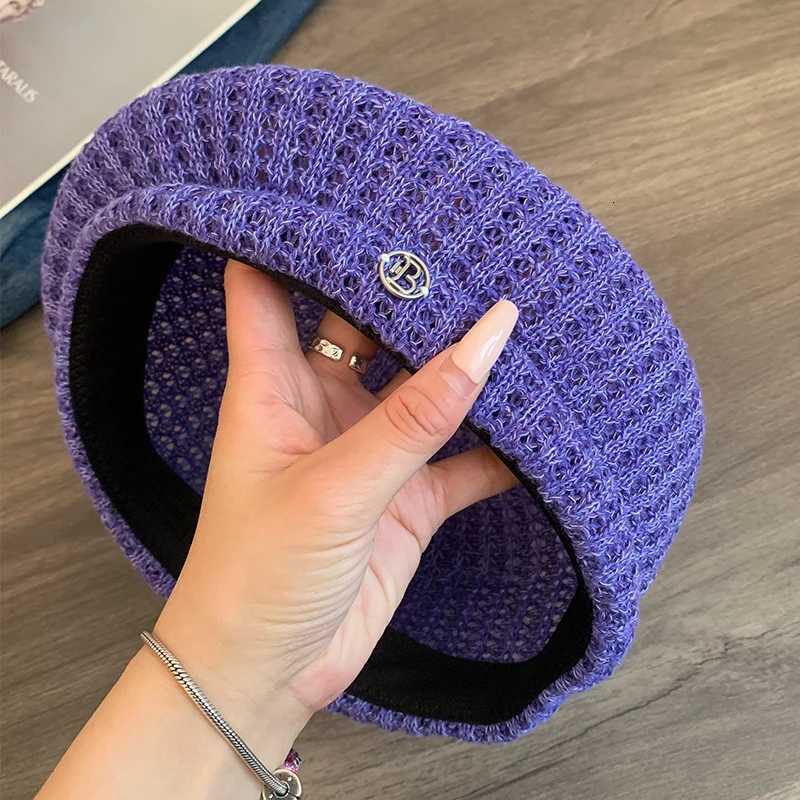 Japanese Simple Knitted Hollow Breathable Beret Spring and Summer Big Head Literary Fashion Versatile Painter Hat for WomensXJ251204 - view 3