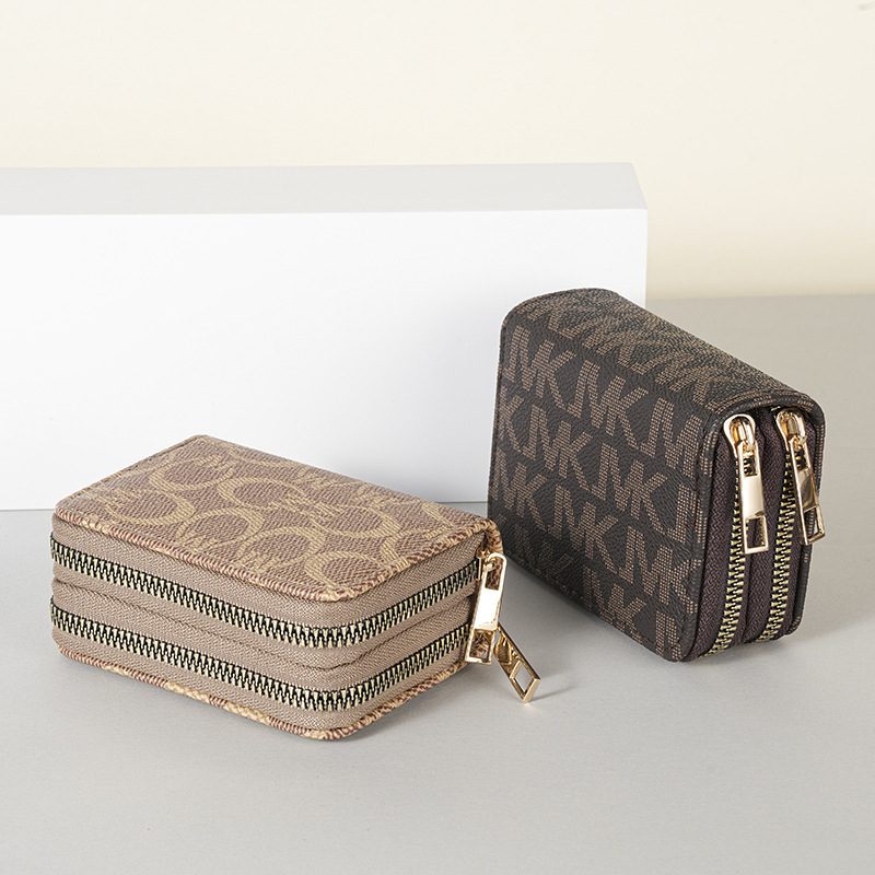 Women's wallet with dual zippers, European and American retro style, compact and compact, with multiple card slots, fashionable card bag, and coi