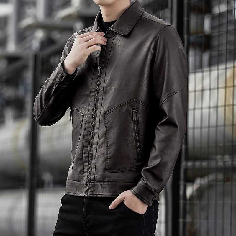 Mens Stand Collar Slim Leather Jacket Mens Fashion Moto Biker Windproof Causal Leather Coat Motorcycle Pu Leather Jacket CoatT251204