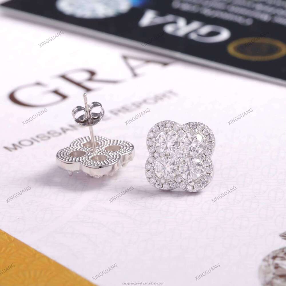 XG Diamond Stud Four-Leaf Style 925 Silver Clover VVS Inlaid Stone for Women and Men Boutique Jewelry Earrings