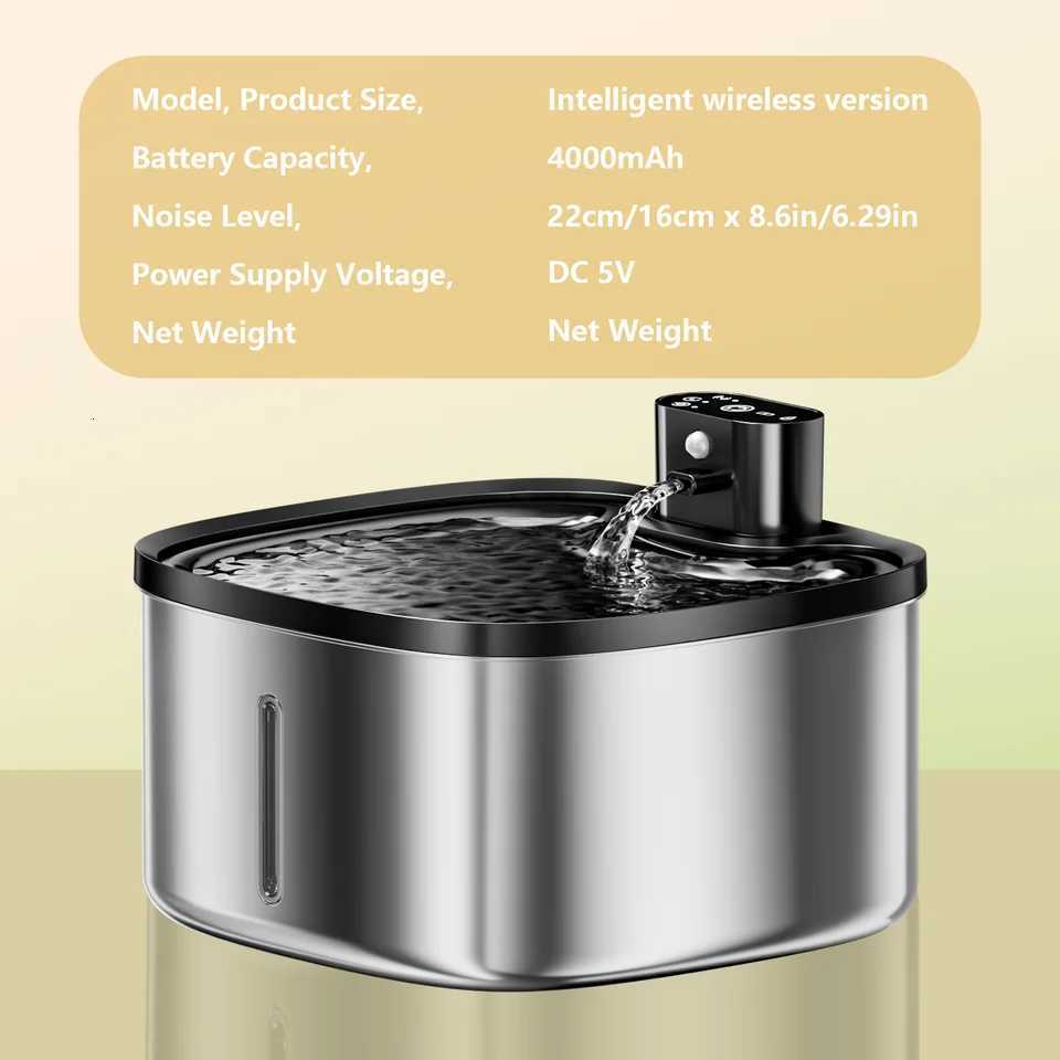 Cat Water Fountain Wireless 35L Pet Water Dispenser 304 Stainless Steel 4000mAh LED Water Level Auto Circulating Filter M251204