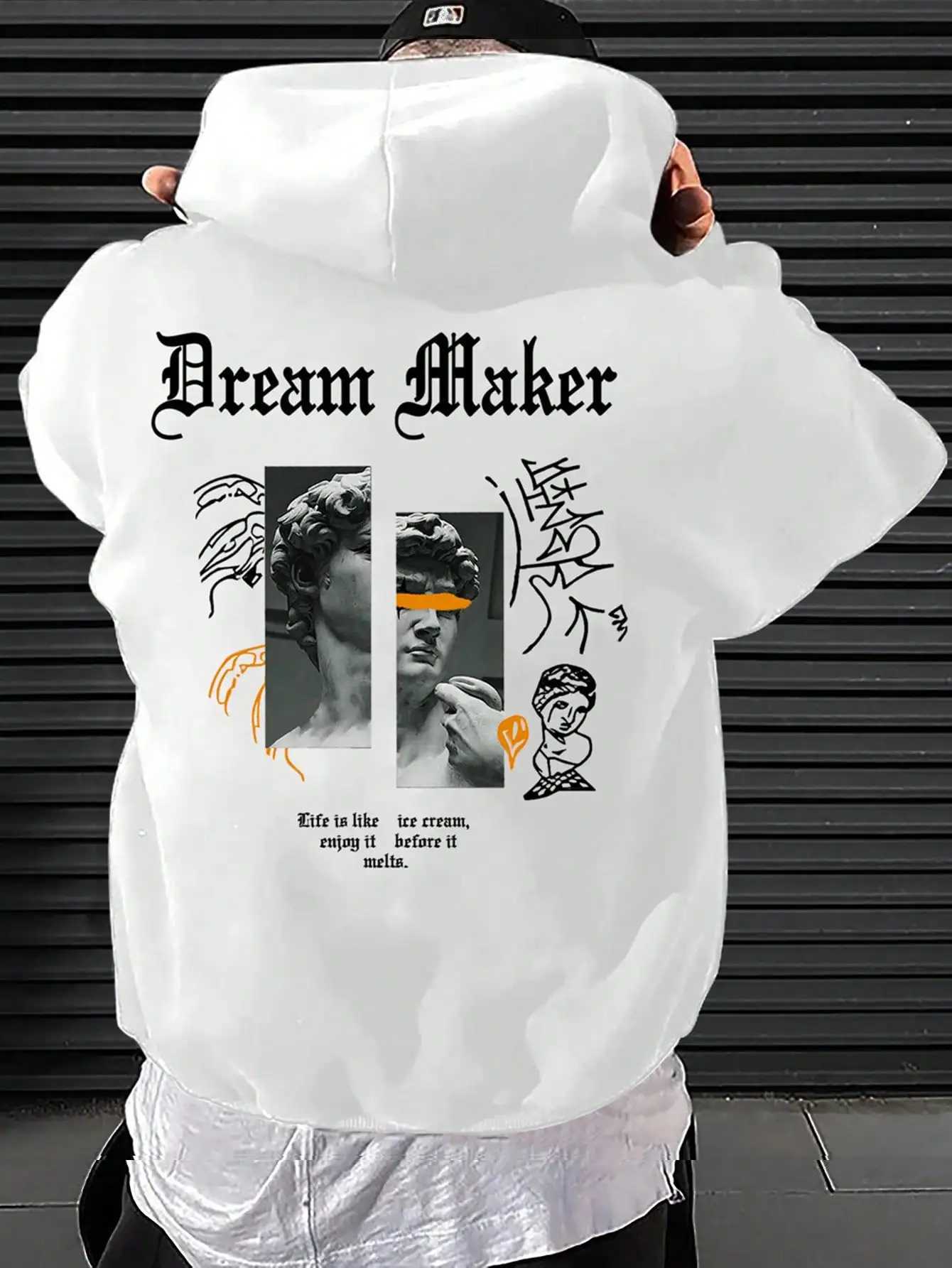 Dream Maker Brave Sculpture Pattern Men Clothing Creative Pocket Hoodies Hip Hop Autumn Streetwear Fleece Casual Male Clothing J251203