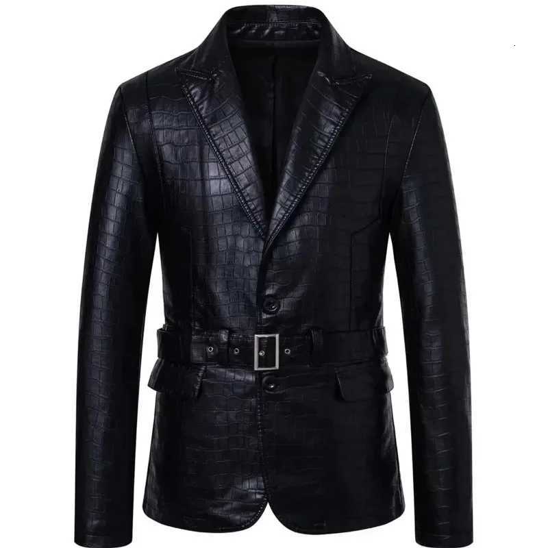 Mens Autumn/Winter PU Leather Jacket Slim Fit Vintage Suit Leather with Belt Motorcycle Lapel Single Breasted CoatT251204