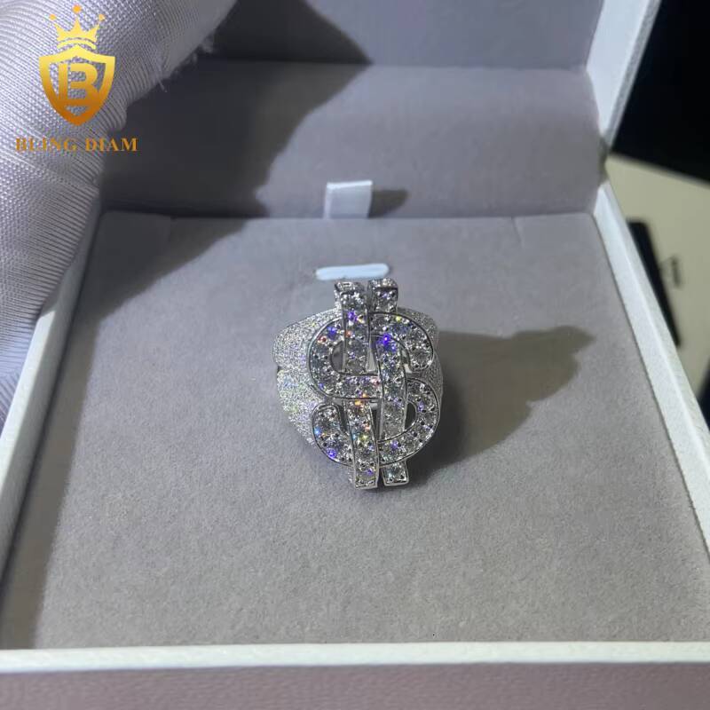 925 Sterling Silver Moissanite Rings Dollar-Shaped Ring Iced Out Moissanite Hip Hop Style Jewelry Ring Pass Diamond Test GRA