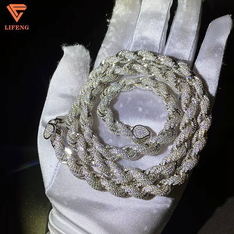 Fine Jewelry Popular White Gold Plated 925 Silver Iced Out Chain 8mm VVS Moissanite Hip Hop Rope Chain Necklace Charm for Men