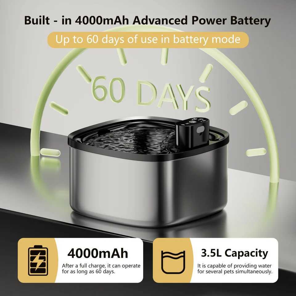 Cat Water Fountain Wireless 35L Pet Water Dispenser 304 Stainless Steel 4000mAh LED Water Level Auto Circulating Filter M251204