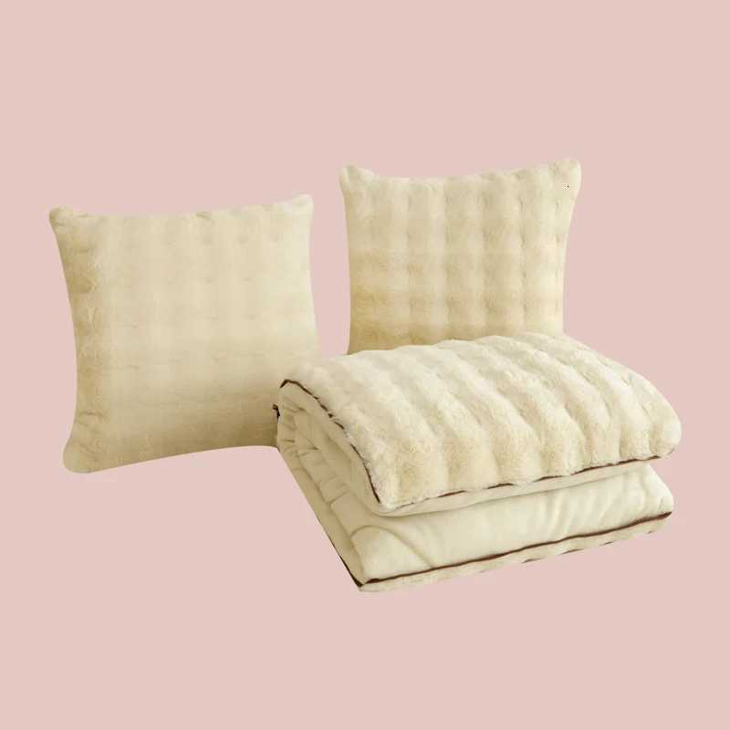 2 in 1 Blanket Thick Faux Rabbit Velvet Cushion Fluffy Sofa Throw Foldable Winter Warm Shaggy Quilt Travel Blanket Y251204