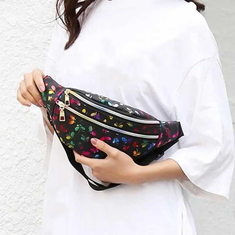 Leaf Printed Female Waist Bags Large Capacity Fanny Pack Mens Belt Bag Women Fashion Casual Canvas Travel Banana BagsT251204