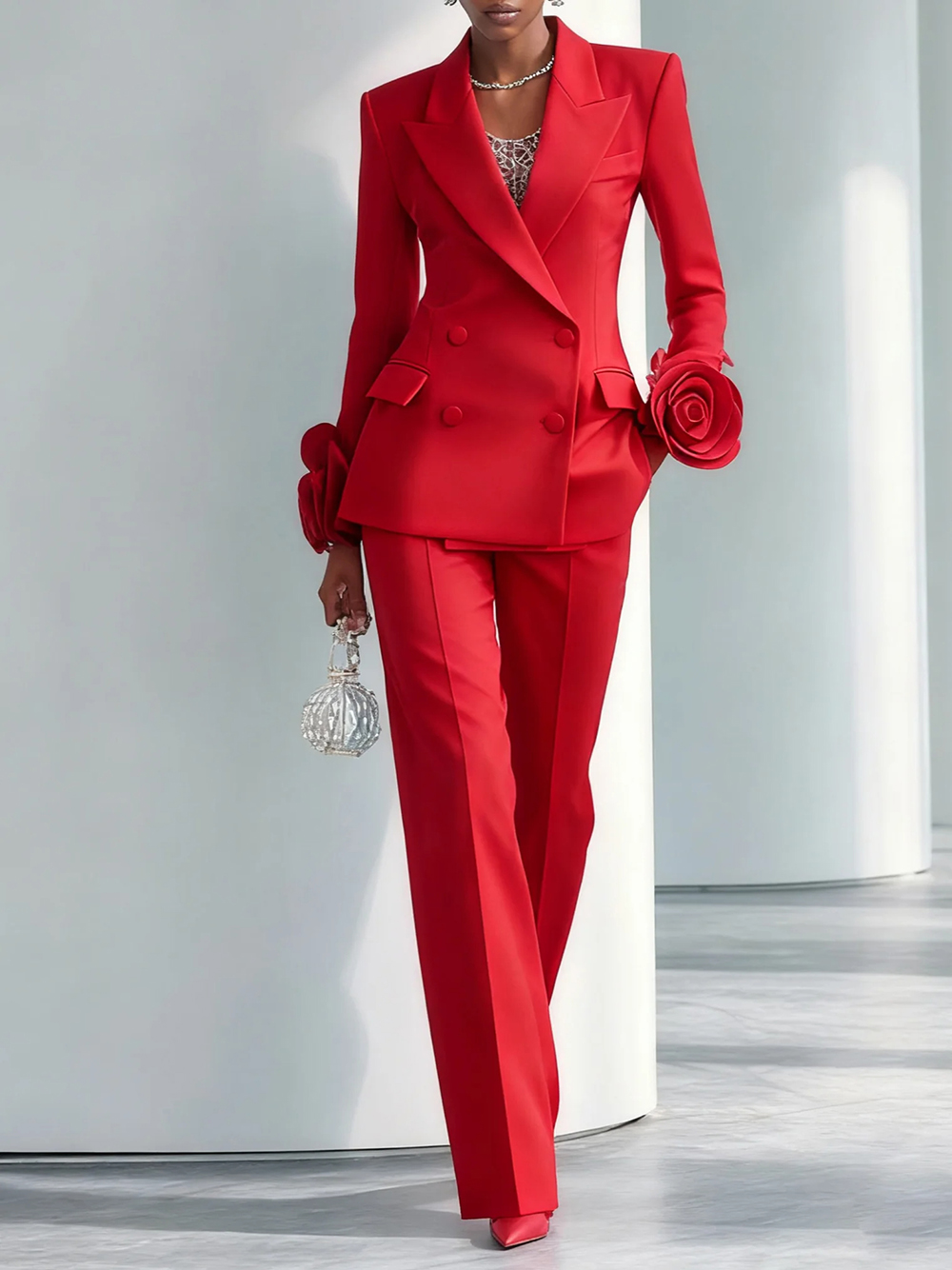 2 Pieces Red Flowers Women Pants Suits Long Sleeve Customized Formal Lady Wear Guest Party Blazer Sets
