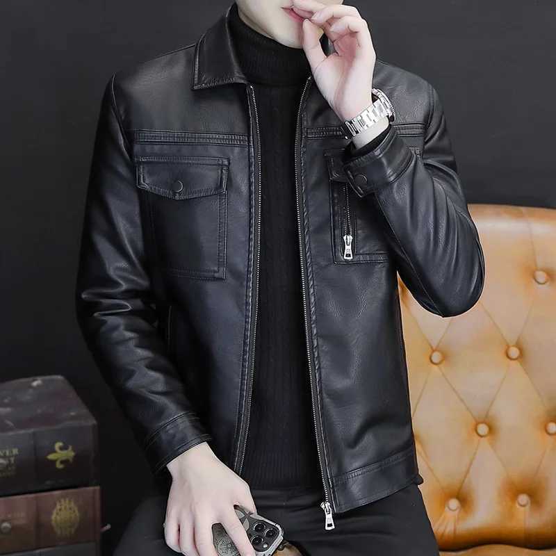 Men Outerwear Leather Moto Jacket Slim Fit Male High Quality PU Leather Coat for Men Lapel Leather Jacket Large Chest PocketT251204