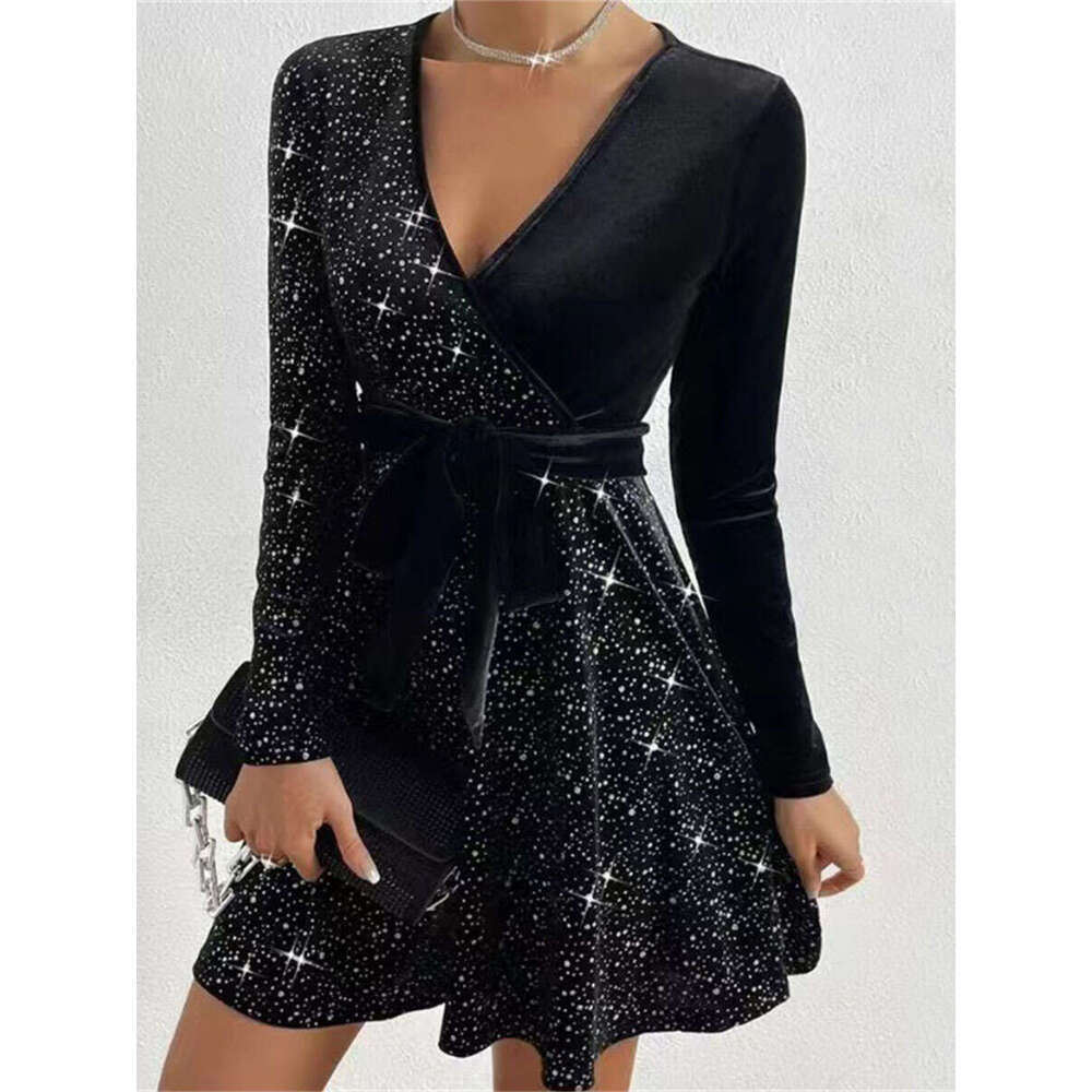 Dress for Women Designer Luxury Spring 2026 Autumn Winter Sexy V-Neck Bodycon Irregular Short Sequin Dress - view 7